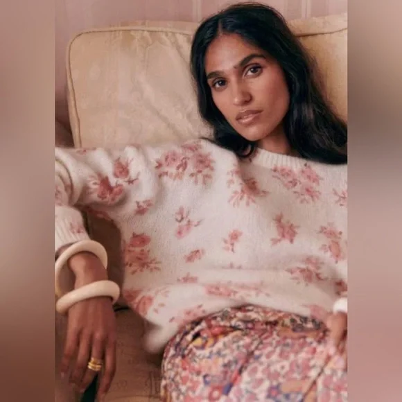Sezane Cream Floral Knit Sweater with Pink Roses - Picture 1 of 6